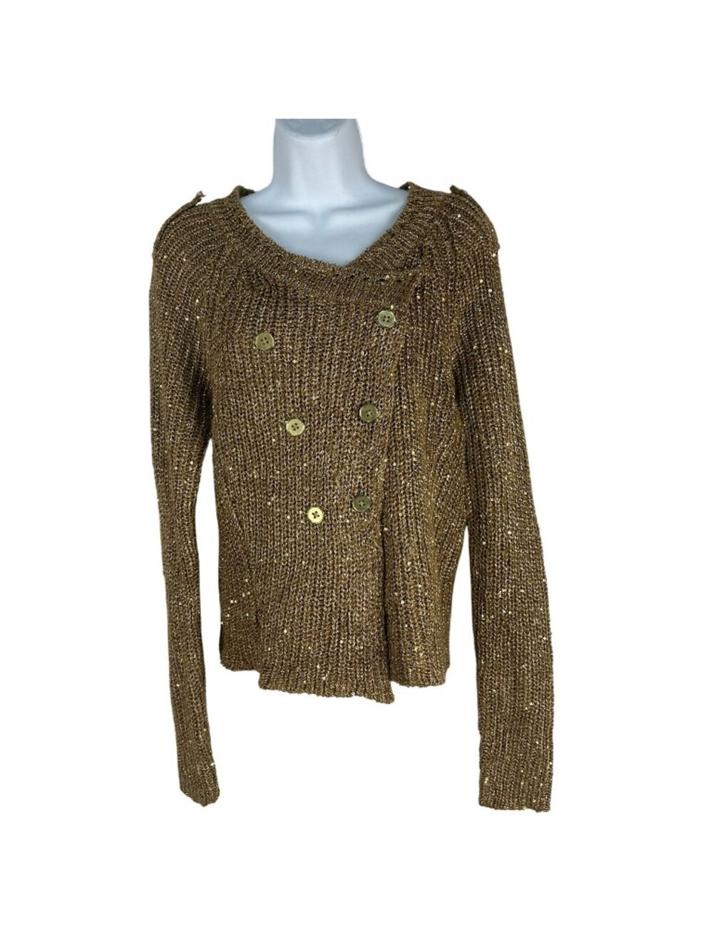 Jennifer Lopez Sequin Metallic Gold Knit Sweater Jacket Womens M Button-Up